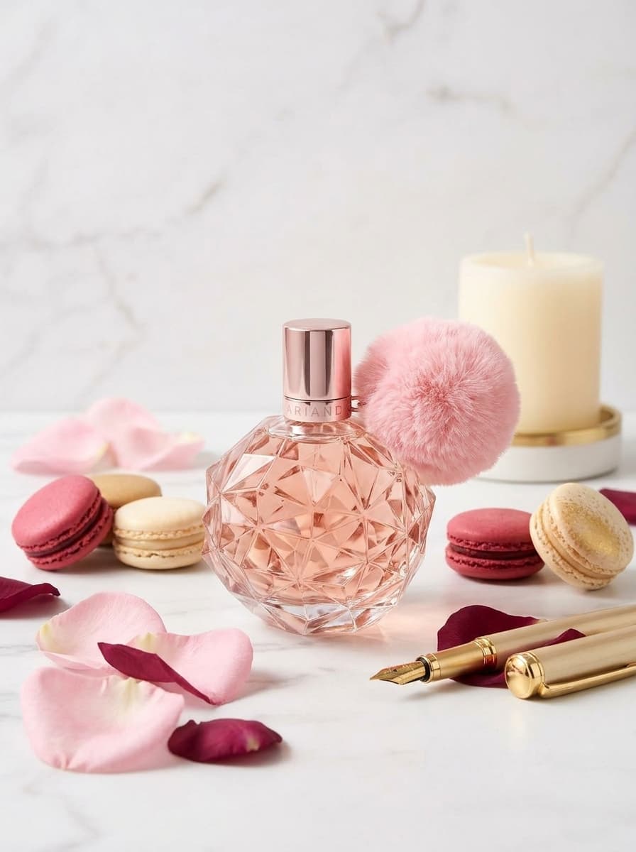 Frasco de perfume rosado entre pétalos de rosa y macarons